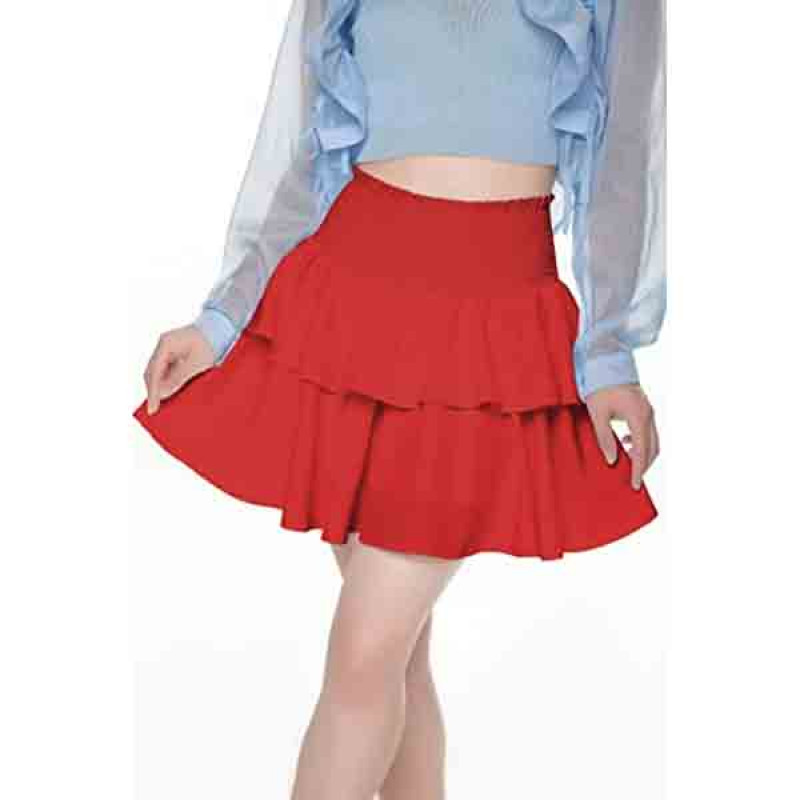 Women's High Waist Layered Ruffle Hem Flared Mini Skirt Solid Smocked A Line Flowy Beach Short Skirt